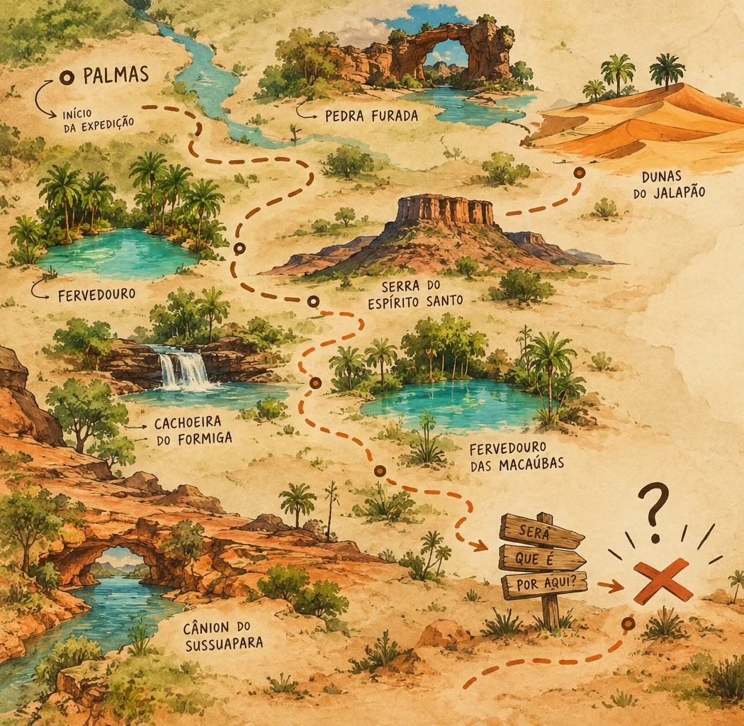 Mapa ilustrado del Jalapão, con la ruta de la expedición y un cartel que indica un camino equivocado