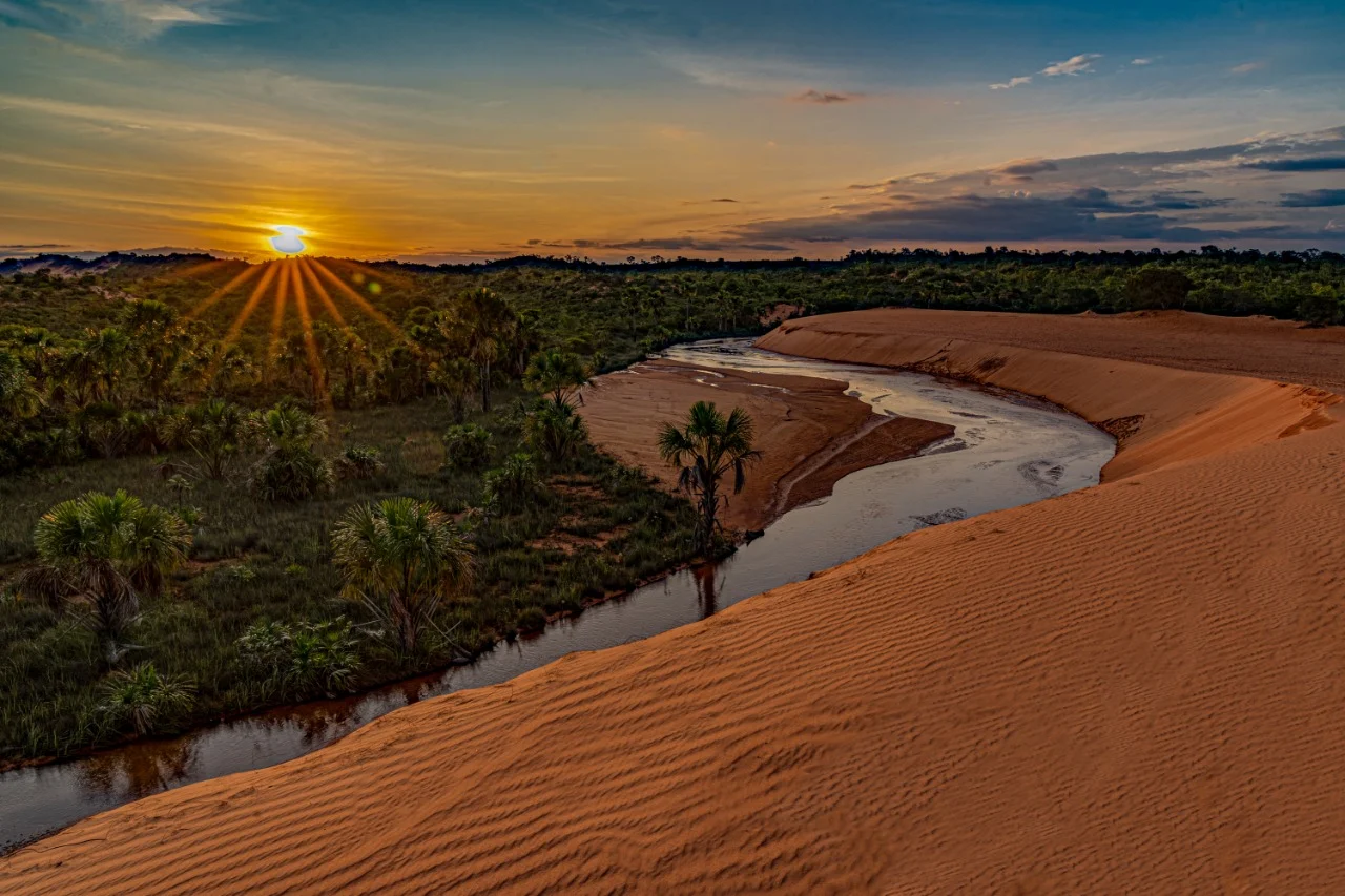 Duna del Jalapão al atardecer, con el río corriendo junto a los buritis